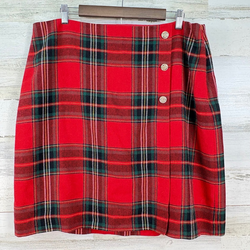 Talbots Red Plaid Wool Blend‎ Mini Skirt Size 16 Tartan Gold Crest Button Preppy